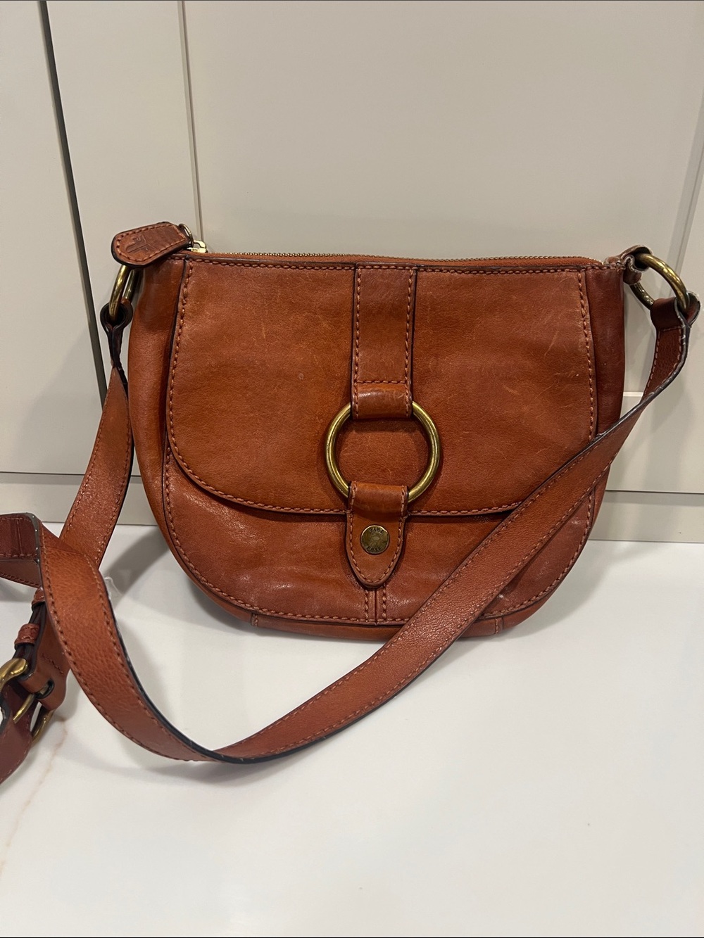 Frye  Brown Leather Crossbody Bag with Ring Accent